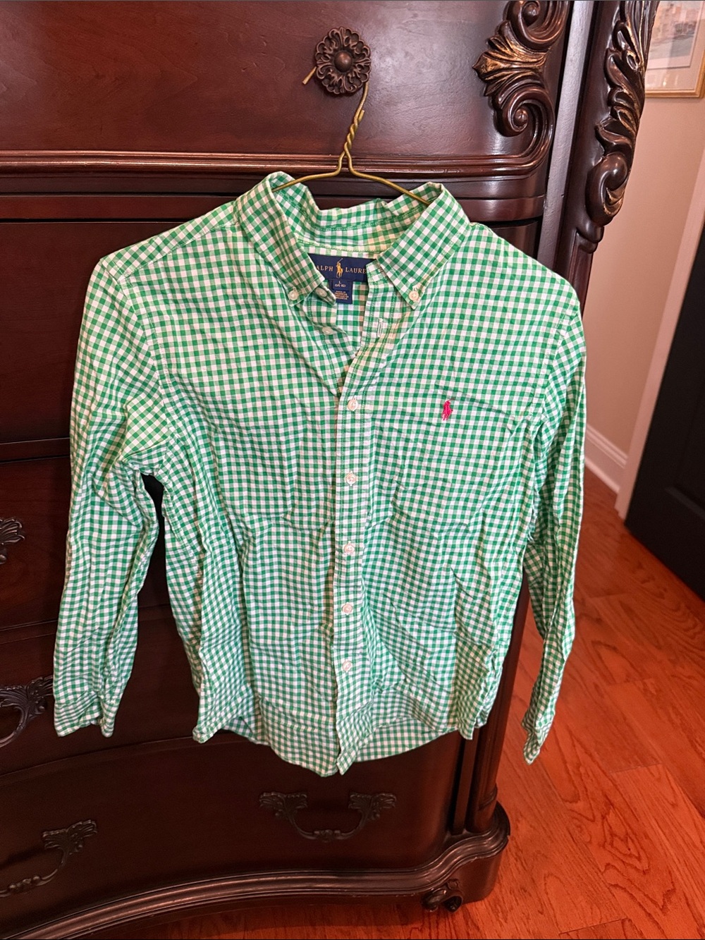 Ralph Lauren Green Gingham Button-Down Shirt with Pink Pony
